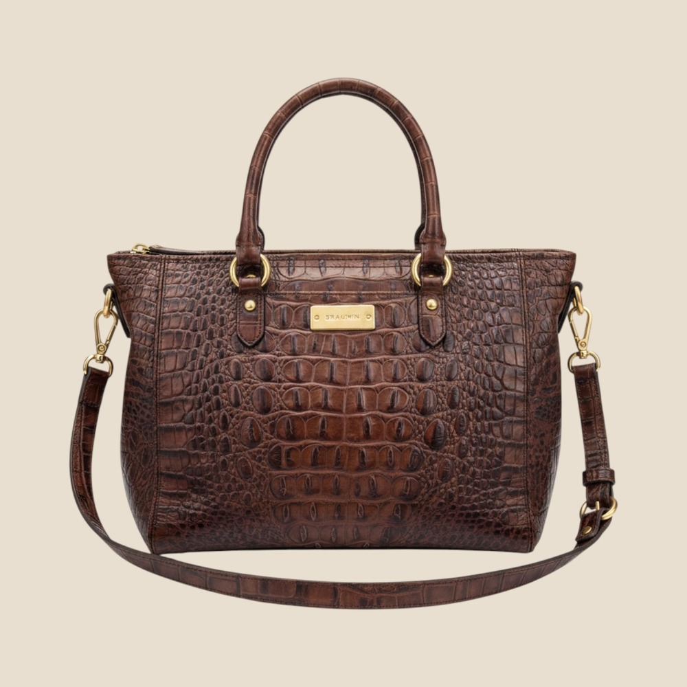 Brahmin Asher satchel in a brown, crocodile-embossed "Pecan" leather finish